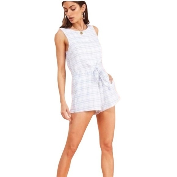 MINKPINK Supreme Check Playsuit - Blue/White - Picture 1 of 5